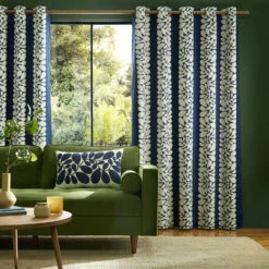 Sycamore Stripe Lined Eyelet Curtains Space Blue -Orla Kiely SycamoreStripeCurtainMain